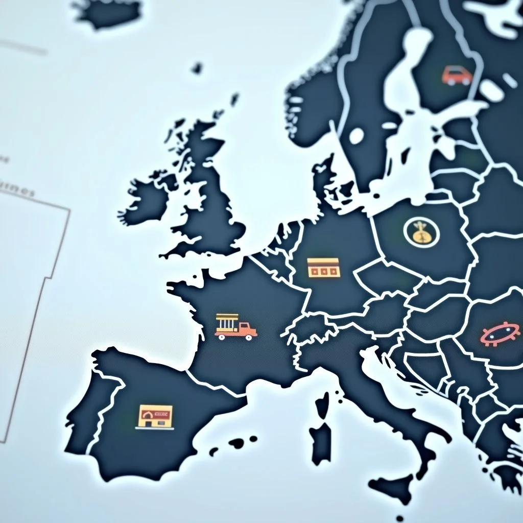 Une carte de l'Europe avec des infrastructures stratégiques mises en évidence et des icônes.