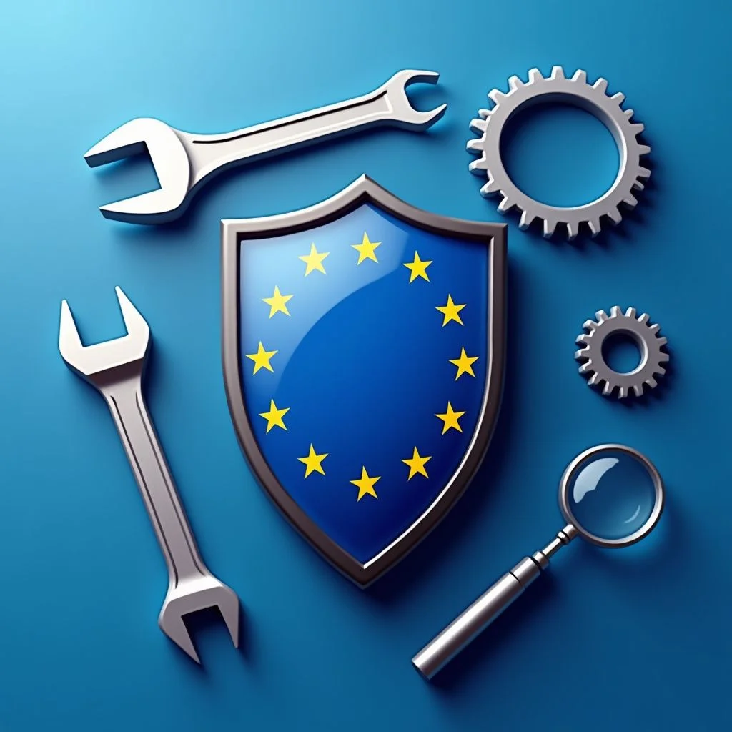 Le bouclier de l'UE entouré d'outils pour la sécurité économique.