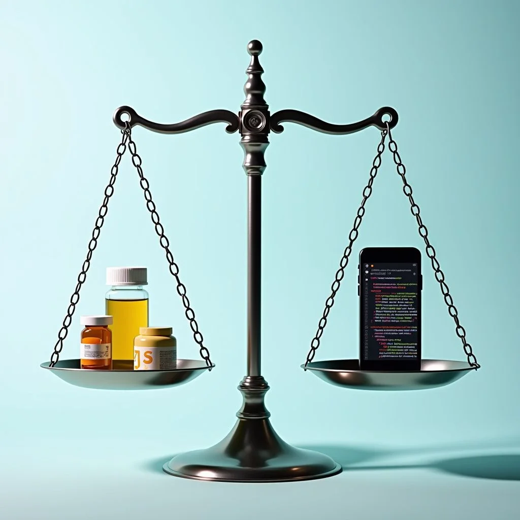 Une balance pèse les dispositifs médicaux et techniques sous le regard des régulateurs.