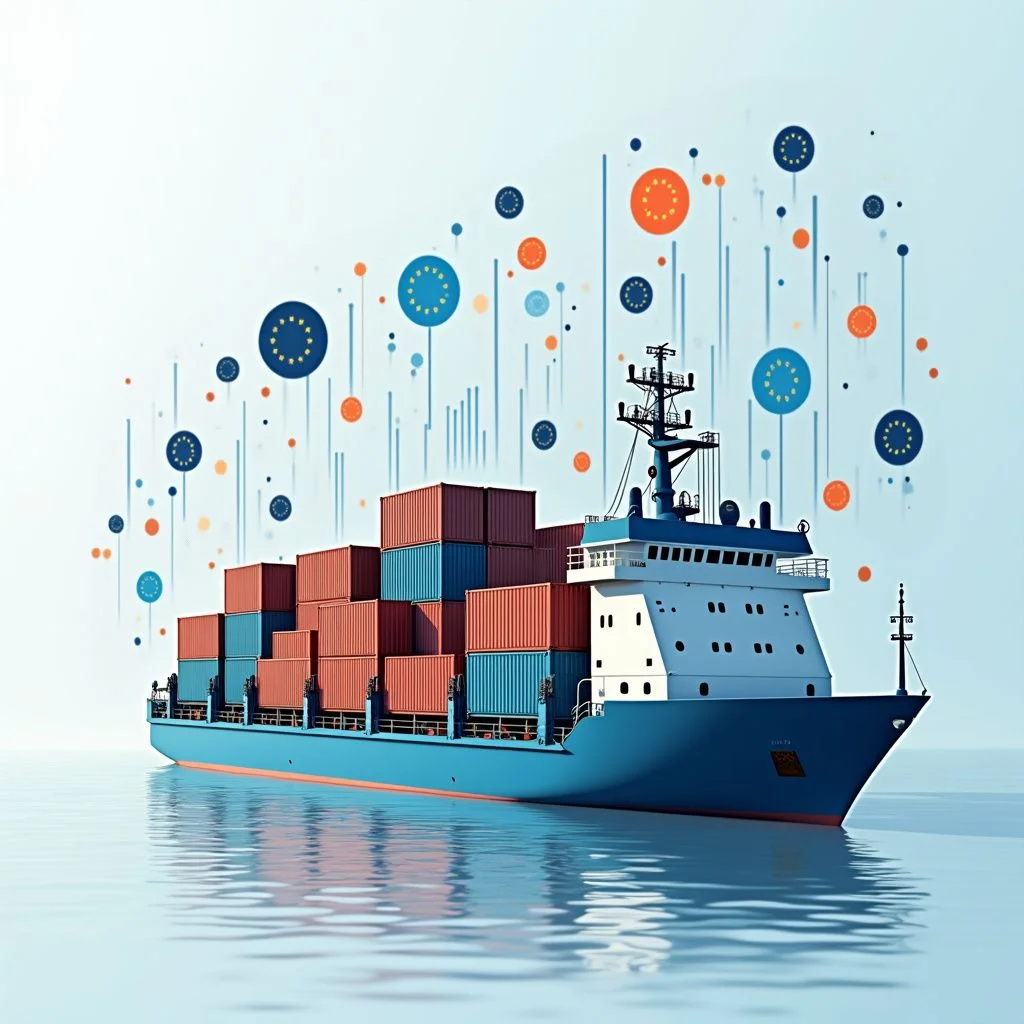 Shipping containers and EU infrastructure projects with trade statistics.
