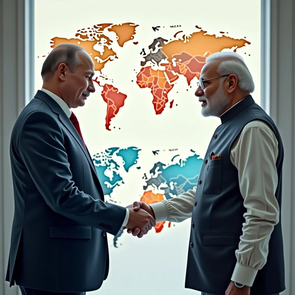 El presidente ruso Putin y el primer ministro indio Modi dándose la mano.