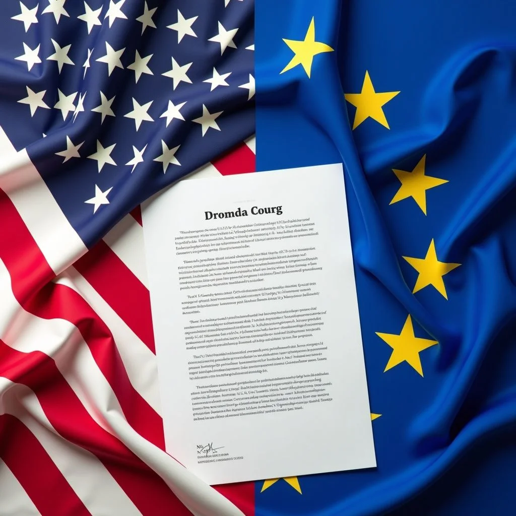 Drapeaux des États-Unis et de l'UE aux côtés du document de la Stratégie de la Sécurité Nation