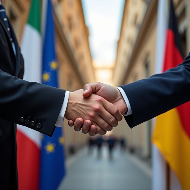 Oficiales italianos y alemanes se estrechan las manos, firman acuerdos juntos.