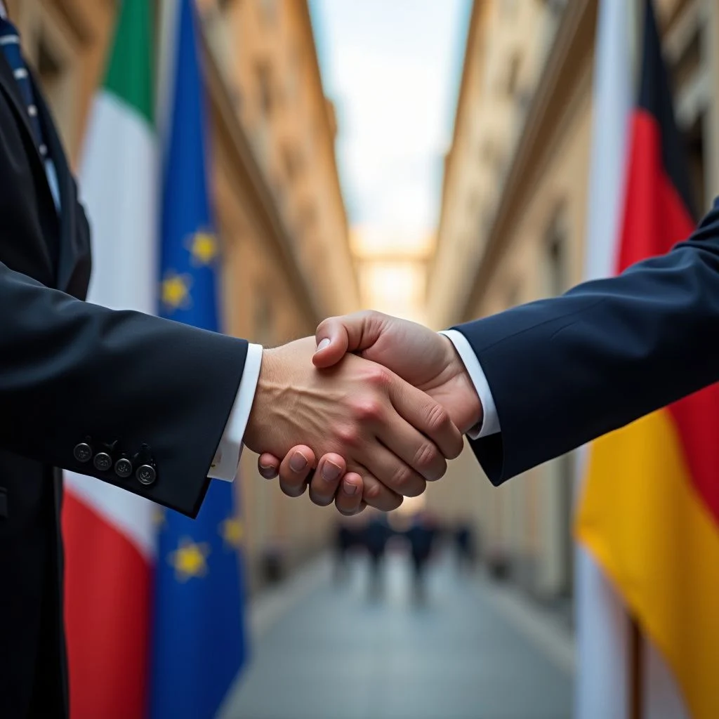 Les officiels italiens et allemands se serrent la main, signent des accords ensemble.