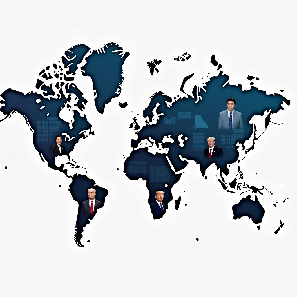 Une carte du monde montrant les indicateurs économiques et les dirigeants mondiaux.