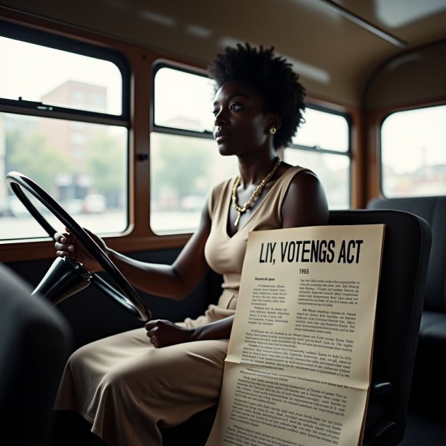Rosa Parks en un autobús con carteles de protesta y documentos.
