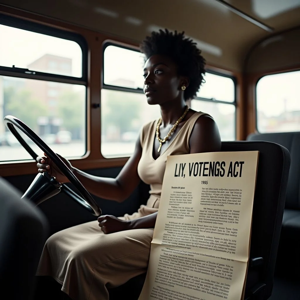 Rosa Parks sur un bus avec des pancartes de protestation et des documents.