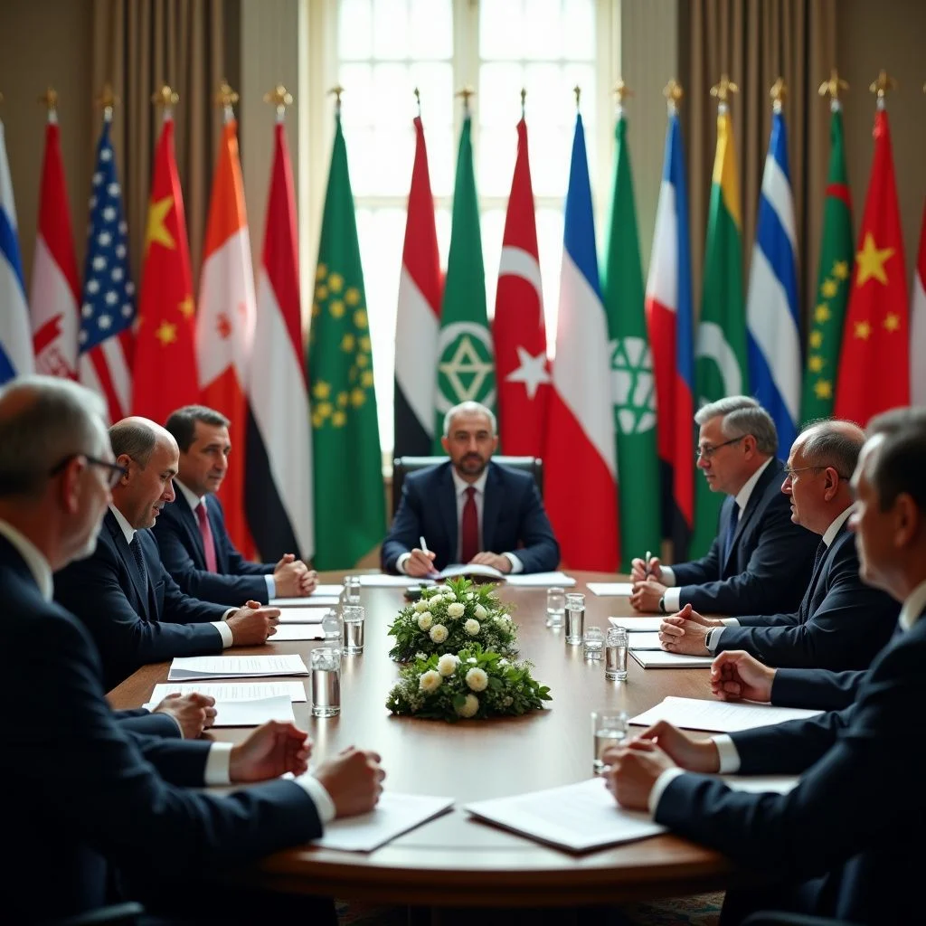 Les diplomates de diverses nations se réunissent au milieu de drapeaux internationaux et de documents.