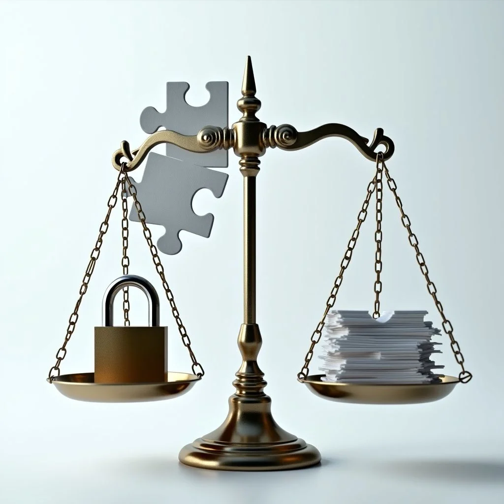 Un puzzle fragmenté avec un verrou et une balance inclinée.