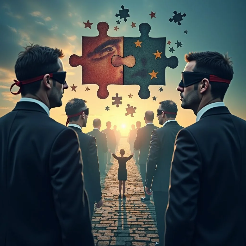 Un puzzle fragmenté avec des dirigeants aveuglés dans une lumière faible.