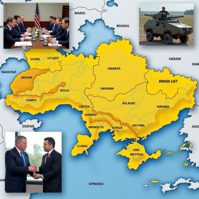 Reuniones diplomáticas y equipo militar en medio de mapas del conflicto de Ucrania.