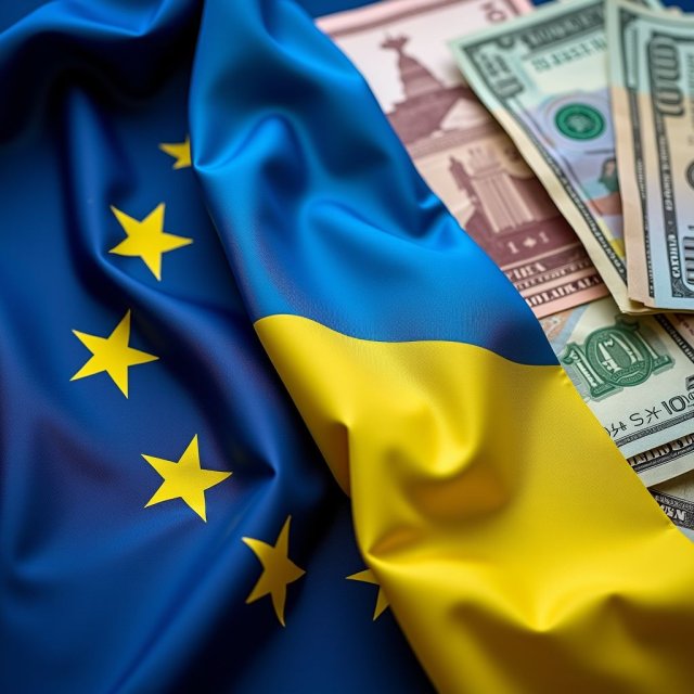Banderas de la Unión Europea junto a banderas ucranianas y suministros de ayuda.
