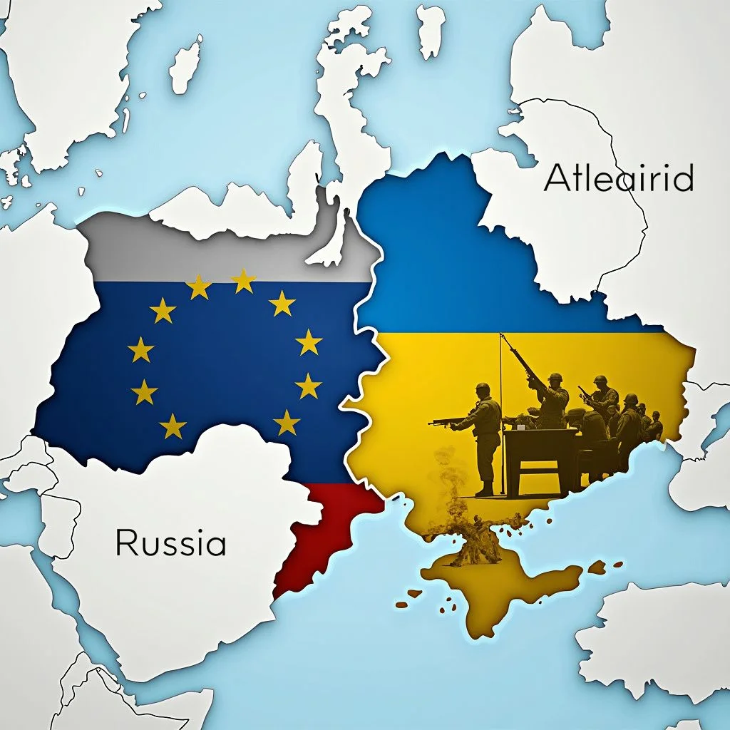 Une Ukraine divisée avec des drapeaux et des images de conflit.