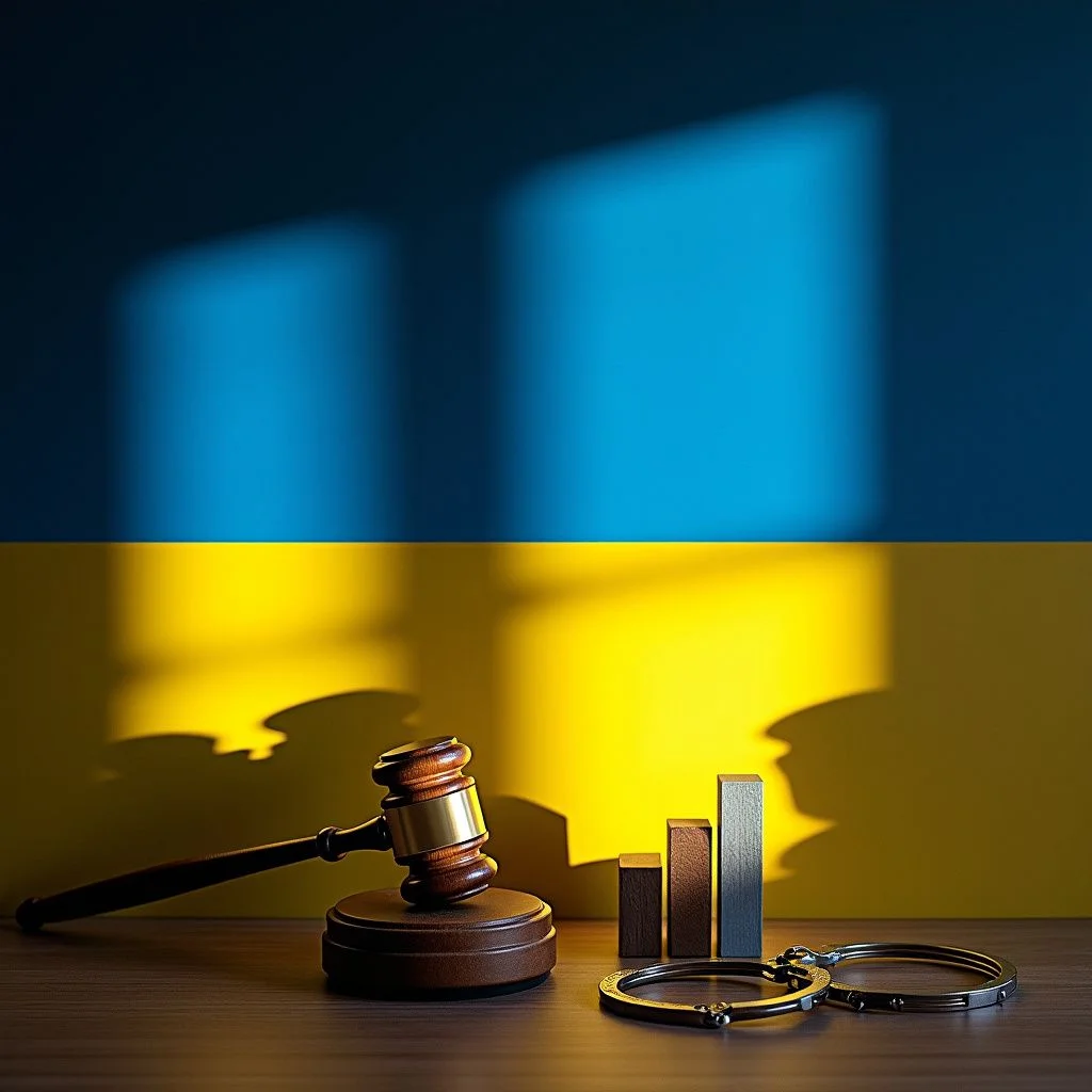 Un drapeau ukrainien avec une ombre sombre, un marteau, et une tendance à la baisse.