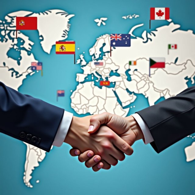 La bandera de las Naciones Unidas y diplomáticos en foros de cooperación internacional.