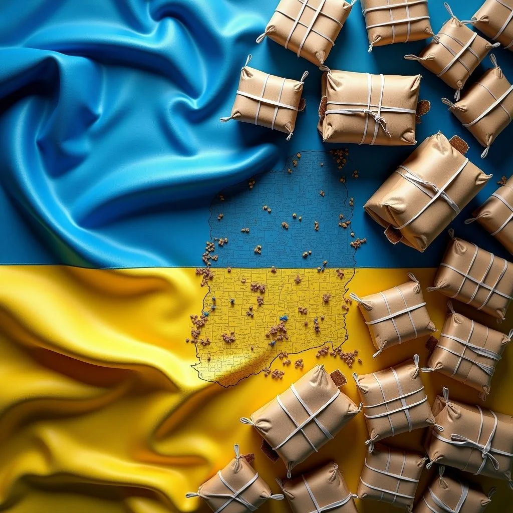 Drapeau ukrainien avec des aides militaires et des fournitures humanitaires à proximité.