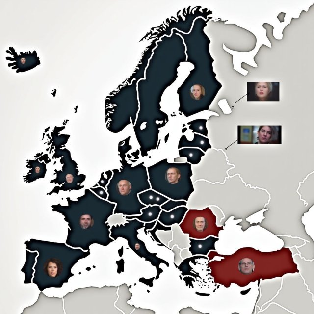 Mapas de Europa con tácticas de guerra híbrida y líderes.